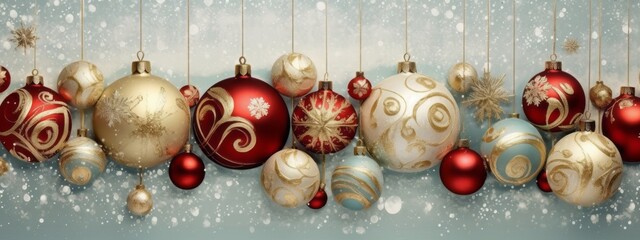 A collection of beautifully designed Christmas ornaments in various shapes, colors, and textures, creating an elegant and eye-catching visual for web banners. Generative Ai