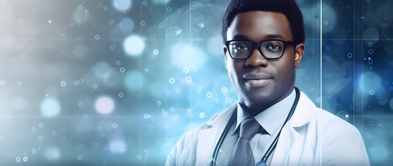 Close up portrait of smiling positive young African American beautiful male medical worker, doctor in white, clinic, looking at camera, bokeh abstract glowing blue background, copy space, AI Generated