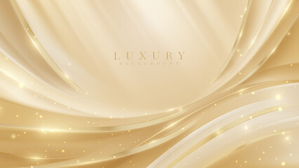 Cream colored luxury background with golden elegant ribbon with light effect with bokeh decoration.