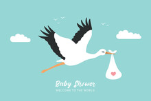 Baby Welcome Greeting Card With Stork In Blue Sky Vector Illustration EPS10