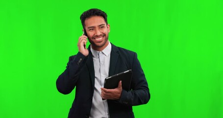 Poster - Green screen, business man and walking with phone call on smartphone, communication or networking negotiation with tablet. Asian male employee, corporate or talking on cellphone for contact in studio