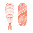 © Милана Павлова - Watercolor hand drawing sushi with shrimp and salmon top view. Japanese food.