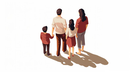 Illustration of a united family view from behind in simple style isolated on white background