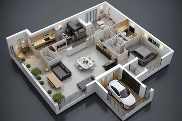 Generative AI 3D floor plan illustration of a house with 3 bedrooms, living room, kitchen, laundry room, bathroom