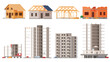 Frame of houses. The construction process of various types of buildings. Construction site. Vector illustration