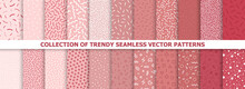 Collection Of Bright Seamless Colorful Patterns. Creative Pink Textile Prints. Repeatable Fun Trendy Vibrant Red Backgrounds. Fashion Style 80-90s