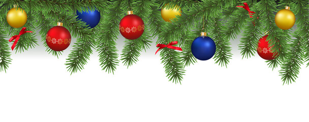 Wall Mural - christmas decorative border with green branches, colorful shiny baubles and ribbons on transparent b