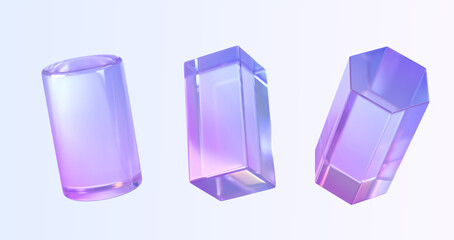 Poster - Glass cylinder, rectangle and hexagon 3d render icons set. Abstract geometry shapes with holographic gradient texture, crystal rainbow objects, graphic elements isolated on background. 3D illustration