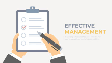 Project task management and effective planning tools. Pen in hand, mark. Hand writing down goals to achieve. Clipboard, checklist symbol vector illustration. 