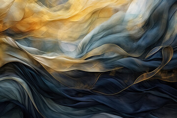 Flowing fabric background in nave blue and gold tones. Ribbons of silk or chiffon in the wind. Delicate textile in soft tones. Digital illustration. AI