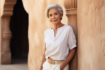 Wall Mural - A beautiful elderly woman model in white clothes stands near a sandstone wall in the sun.