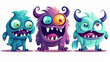 © Alexandre - Personagens de quatro monstros de desenho animado, animais alienígenas fofos e engraçados com olhos de ciclope, emoji de vetor infantil. Pequenas criaturas ou mascotes cômicos mutantes com sorriso e r