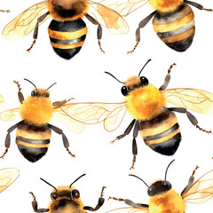 Wall Mural - Bee pattern watercolor in paper art style on white background. Botanical seamless pattern. Summer nature decoration.