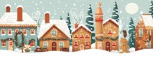 An Adorable Gingerbread Village With Cute Houses, Candy Canes, And Icing Details, Evoking A Sense Of Whimsy And Sweetness For Christmas Web Banner. Generative AI