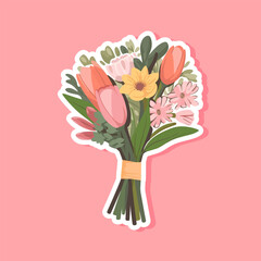  Vector flowers bouquet. Summer spring bouquet sticker isolated, woman flowers gift, tulips and daisies, vector illustration trendy flat design