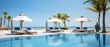 © Onchira - Luxurious swimming pool and loungers umbrellas near beach and sea with palm trees and blue sky, Generative AI