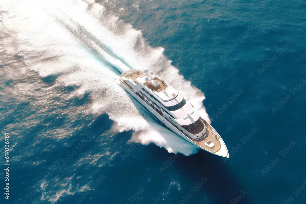 An aerial photo of a luxury yacht sailing on the open sea, leaving a ...