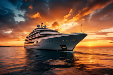 Canvas Print - A stunning photo of a luxury yacht sailing into the horizon at sunset, encapsulating the feeling of adventure and freedom.