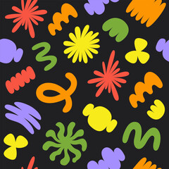Poster - Abstract seamless pattern with colorful organic cartoon shapes on a black background. Trendy random shapes. Vector illustration