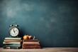 Back to School Background: Books, Alarm Clock, and Chalkboard. AI