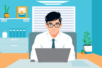 Cartoon flat character of a manager in his office working on laptop