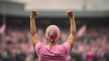 A Woman Raises Her Hands In Front Of A Crowd In A Campaign To Fight Breast Cancer.