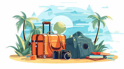 Vai objeto de viagem. Mapa, mochila, óculos de sol e mala. Turismo e viagens, viagens. Feriado e férias. Câmera e bagagem. Conceito de temporada de verão. Ilustração em vetor plano dos desenhos animad