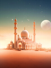 A mosque in desert with a moon and stars in the background - ai generative