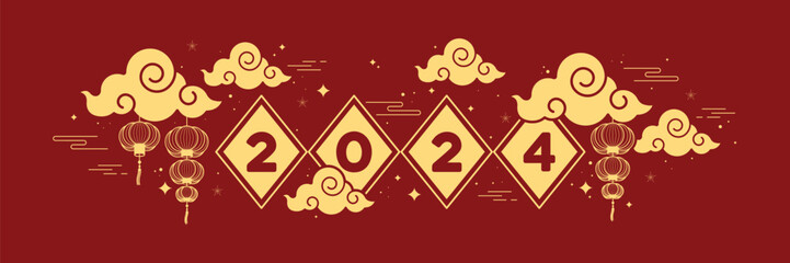 2024 Chinese New Year with gold number, cloud, lanterns, stars on red background. Happy new year 2024 celebration template. Vector design for banners, posters, newsletters.