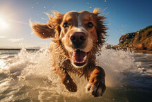Happy Dog Playing On The Beach Early In The Morning, Panorama, Nice View, Sea Landscape, Morning Light.  Generative Ai. 