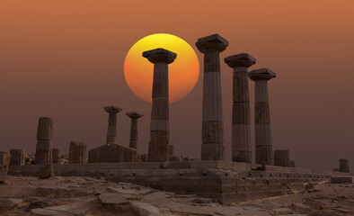 Wall Mural - The Temple of Athena in the archaeological site of ancient city of Assos at sunset - Behramkale, Turkey