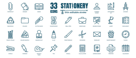 simple set of stationery office supply related vector line icons. contains thin icons as pencil, div