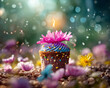 Cupcake mit blauer Buttercreme dekoriert mit einer Blüte und eine brennenden Kerze, umrahmt mit Glitter und Bokeh Lights Blüten als Geburtstagskarte