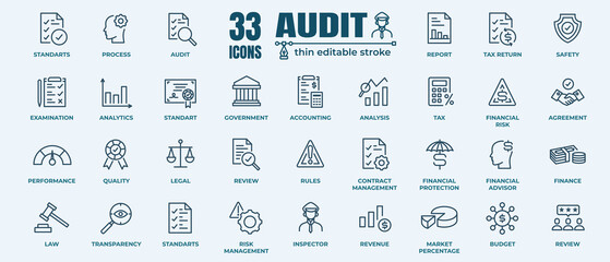 audit icon set. accounting line icons collection. check and audit line icons collection. vector illu