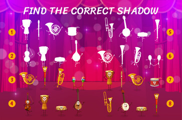 Poster - Find the correct shadow of cartoon musical instrument characters on the stage. Shadow match puzzle vector worksheet with french horn, trumpet, maracas, violin and tambourine cheerful personages