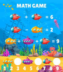 Aufkleber - Math game worksheet. Submarine or bathyscaphe, underwater landscape. Children mathematical riddle, kids education game or puzzle vector worksheet puzzle with coral, seaweed, fish shoal on ocean bottom