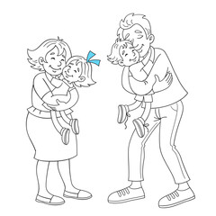 Wall Mural - Friendly family. Happy parents hold their little children in their arms.  Black and white picture.  In cartoon style. Isolated on white background. Vector illustration for coloring book.