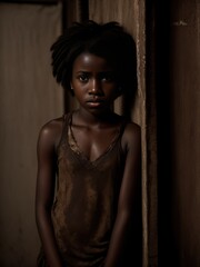 Wall Mural - Sad african american teenager girl in dirty torn clothes in dark room. Generative AI