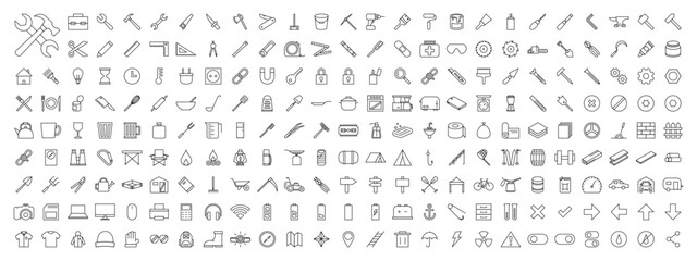 tools and equipment outlined vector icon set megapack transparent background png editable stroke eps