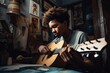 © Regina - An african american teenage boy playing the guitar indoors. Adolescent learning playing a musical instrument. Creative space. Generative AI.