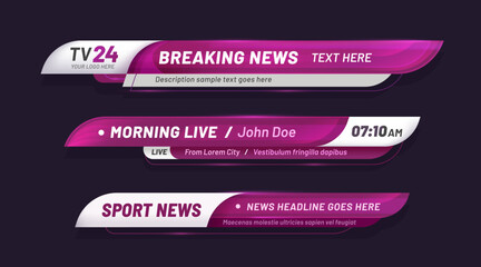 Poster - Purple news bar lower third header, tv headline. Vector video titles, television information lines. Modern violet and white graphic overlay isolated template. Broadcast strips, layout with text