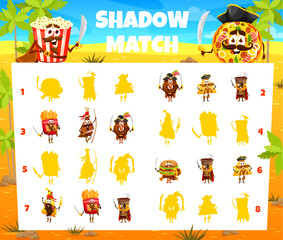 Poster - Shadow match game cartoon pirates and captain fastfood characters on treasure island. Kids vector worksheet with funny chicken leg, french fries, donut and nachos. Coffee, burger and pizza corsairs