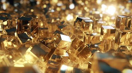 Golden crystals, glass cubes wallpaper, gold crystals background with abstract light shine in 3D AI generative