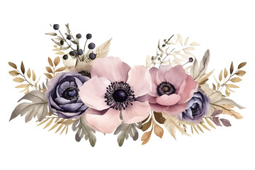 Sticker - Anemone and rose flowers and eucalyptus leaves watercolor wreath hand drawn illustration. Flat vector illustration isolated on white background