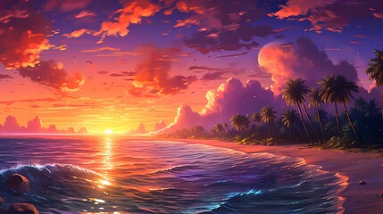 Wall Mural - Sunset dreams in anime: Discover the serenity of the Maldives - sunset over the ocean, wallpaper - wallpaper, Generative AI