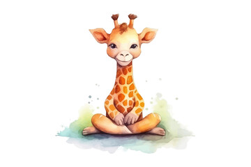 Canvas Print - Cute giraffe in yoga position cartoon watercolor illustration. Flat vector illustration isolated on white background