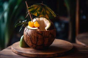 Canvas Print - An exotic cocktail served in a coconut shell, decorated with an umbrella and tropical fruits, set on a bamboo table at a beach resort. The epitome of tropical vacation vibes 