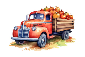 Poster - Red harvest truck with pumpkins. Flat vector illustration isolated on white background