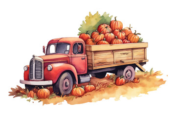 Poster - Red harvest truck with pumpkins. Flat vector illustration isolated on white background