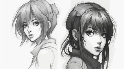 Wall Mural - Portrait of two girls, The power of lines: appreciating the expressive quality of an anime-style sketch, Generative AI